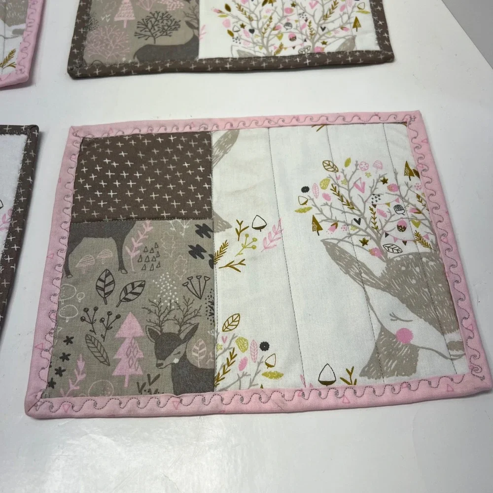 Handmade Woodland Deer Bunny‎ Kids Placemats Set of 4 Pink Brown Reversible 10x8